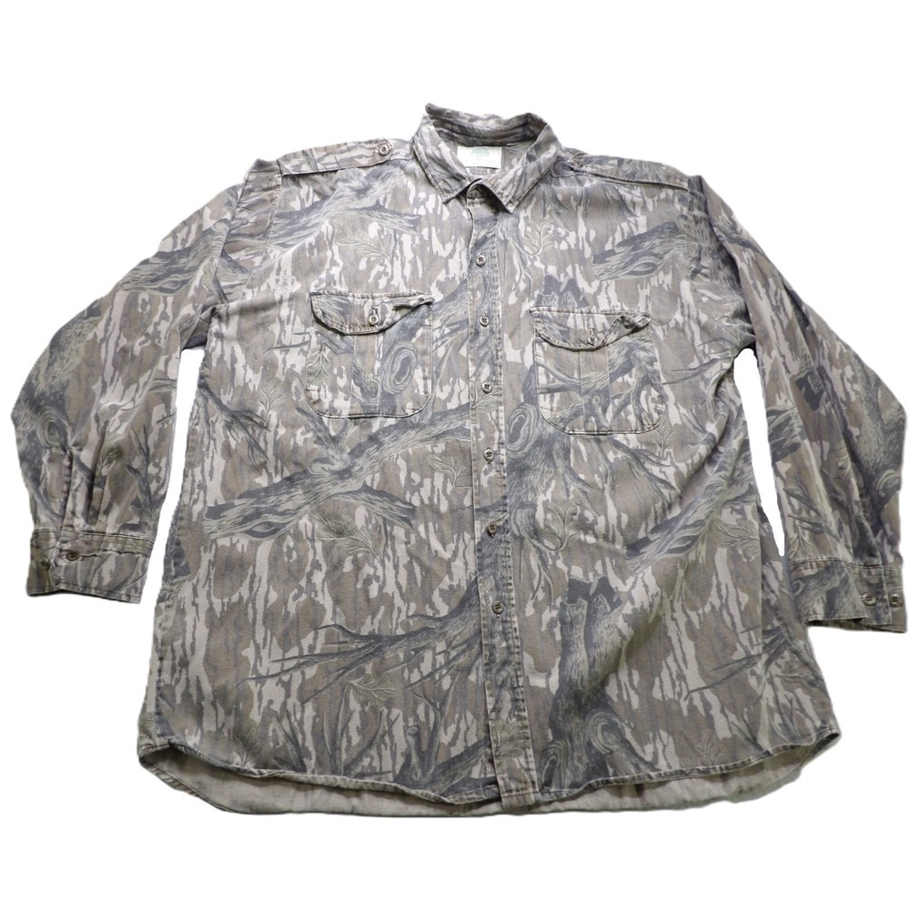 VTG 80s Mossy Oak Bottomland Camo Men Long Sleeve Button Up Shirt Cotton USA L/G